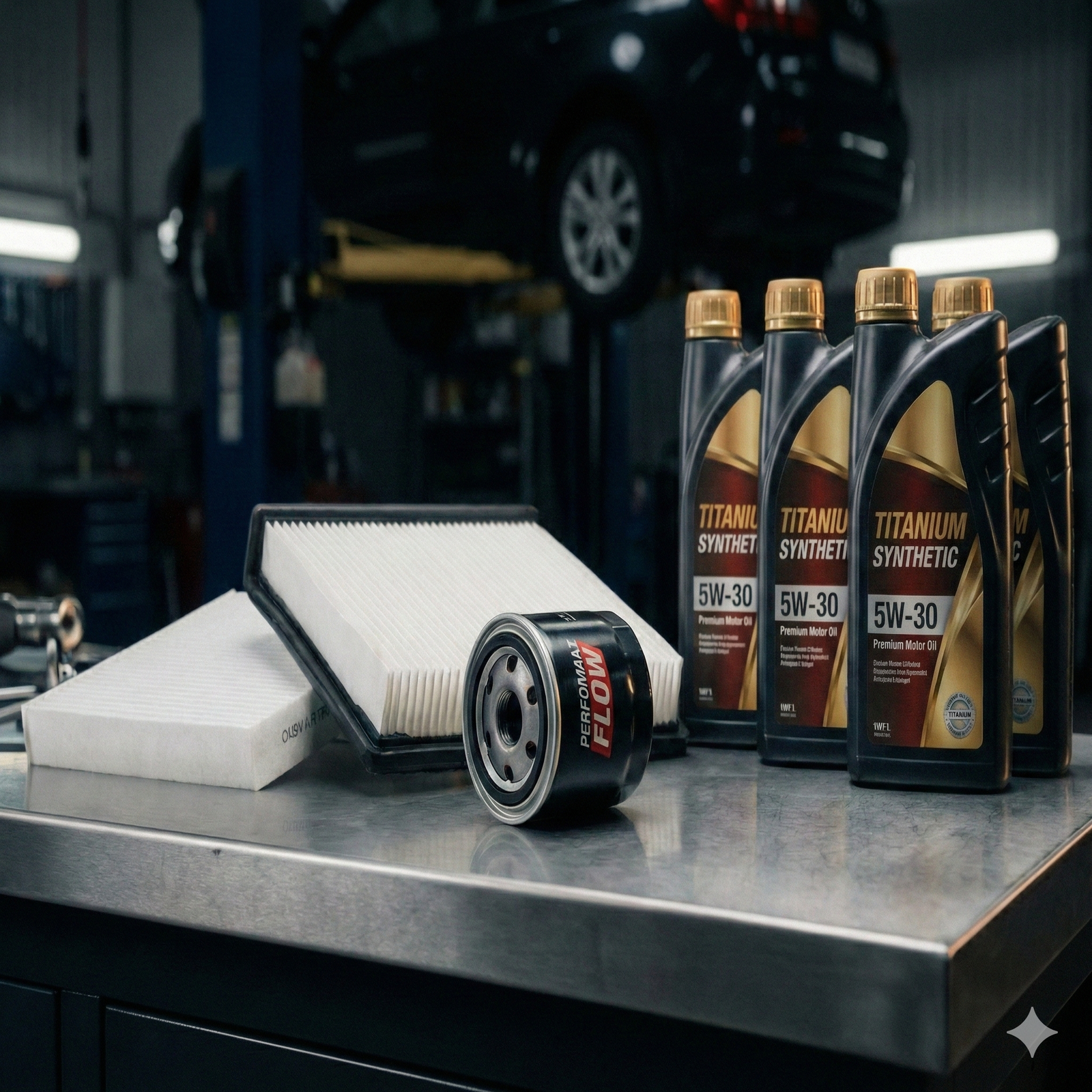 Kit de revisão preventiva com óleo sintético e filtros novos na CNC Auto Center.